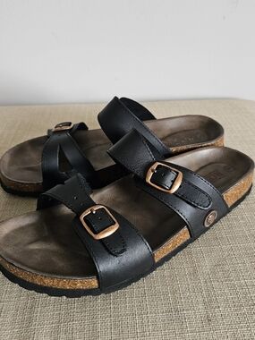 Black Double-Buckle Cork Footbed Sandals